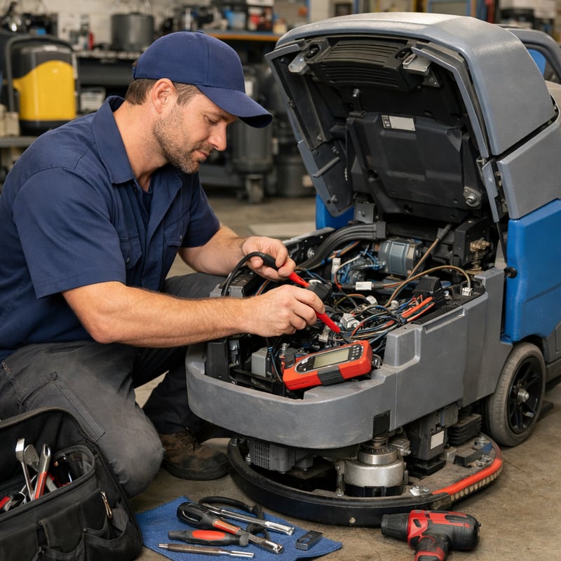 Repair Man Maintains Cleaning Equipment